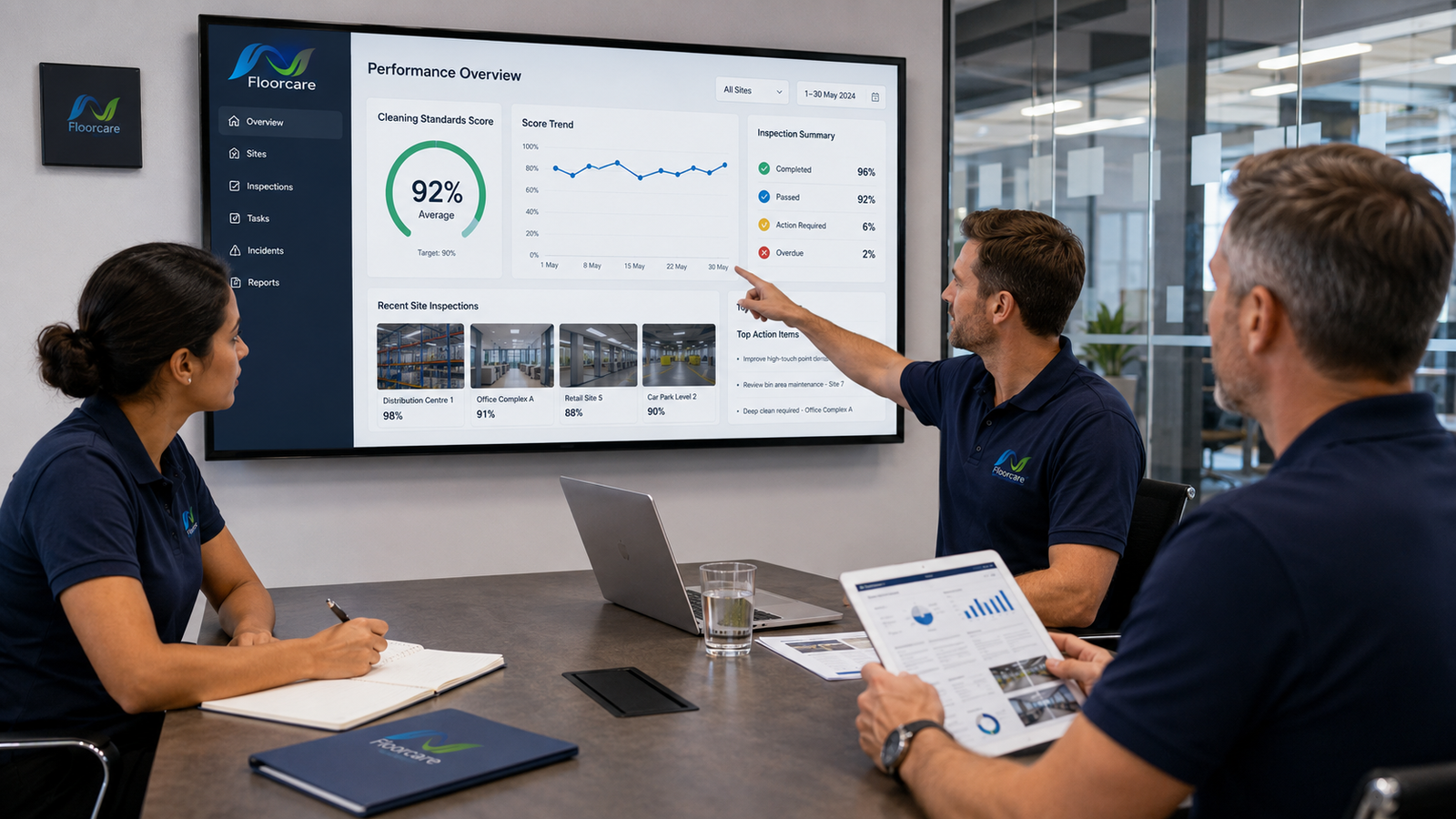 N Floorcare team members reviewing a real-time performance dashboard showing cleaning standards scores, inspection summaries and site-specific results across multiple client locations — in a modern meeting room with the N Floorcare logo visible