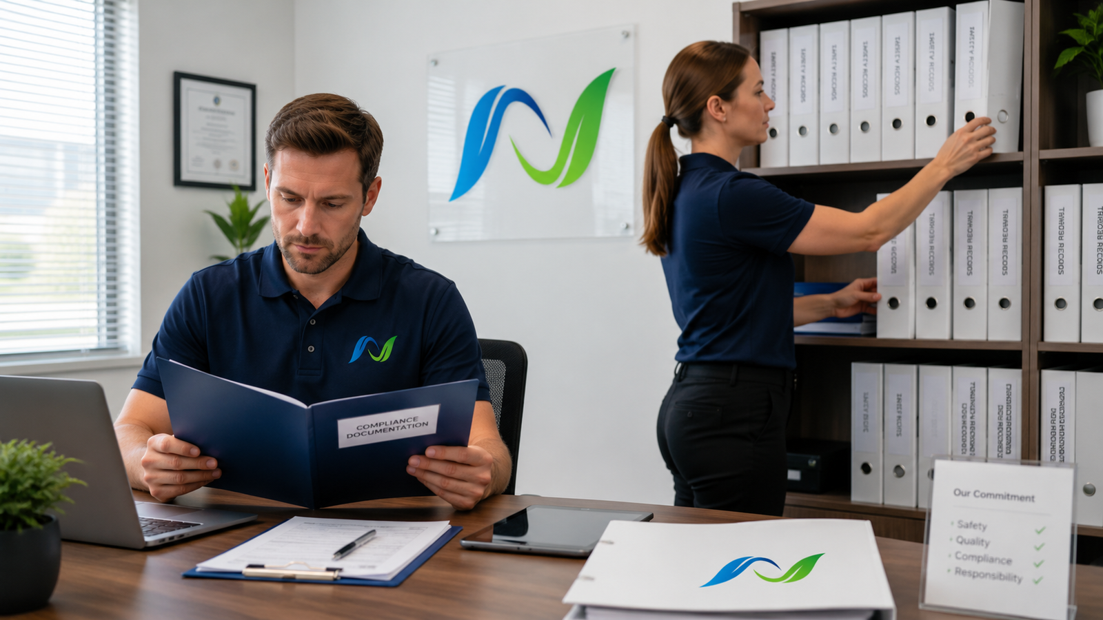 N Floorcare team member reviewing a compliance documentation folder at a desk with a laptop, while a colleague retrieves records from a shelving system labelled with safety records and training records — with N Floorcare branding and certification visible on the office wall