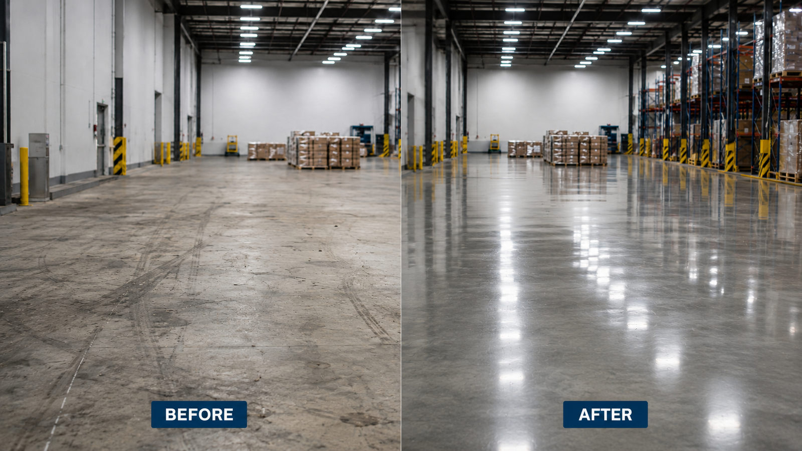Before and after transformation of a warehouse concrete floor — heavily marked and dulled on the left, pristine and polished on the right after N Floorcare treatment