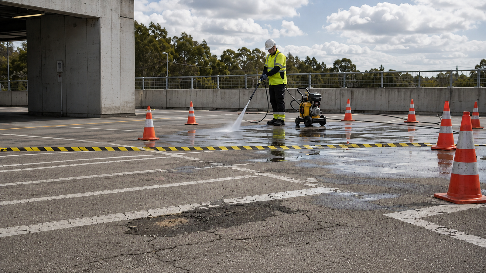 Specialist pressure washing a deteriorated rooftop car park surface with traffic cones and hazard tape deployed