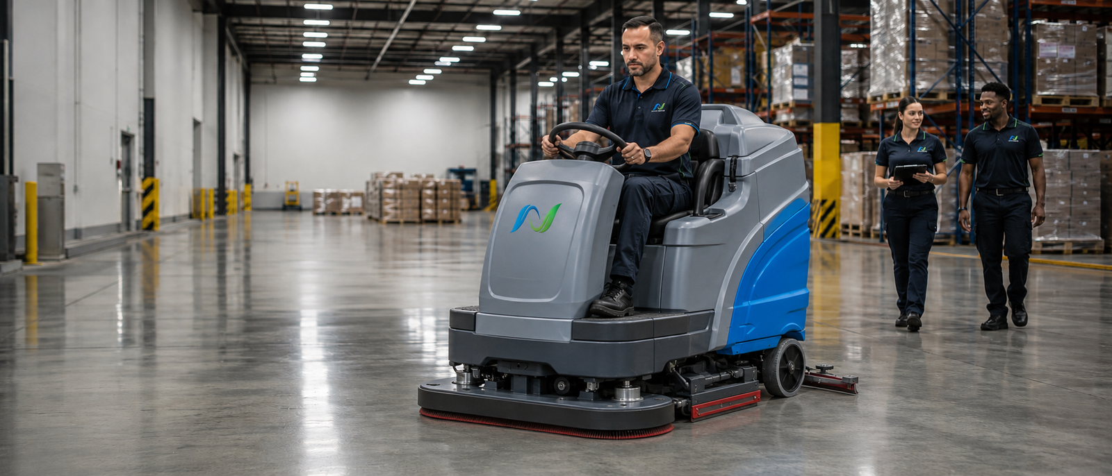 N Floorcare specialist technician operating a ride-on floor scrubber in a large warehouse facility