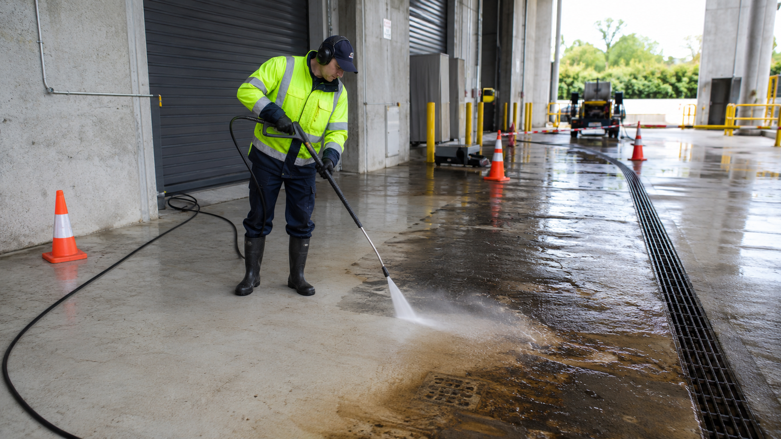 Specialist in full PPE with ear protection and rubber boots pressure washing a heavily contaminated loading dock surface alongside a drainage channel, with traffic cones and pressure washing equipment visible in the background