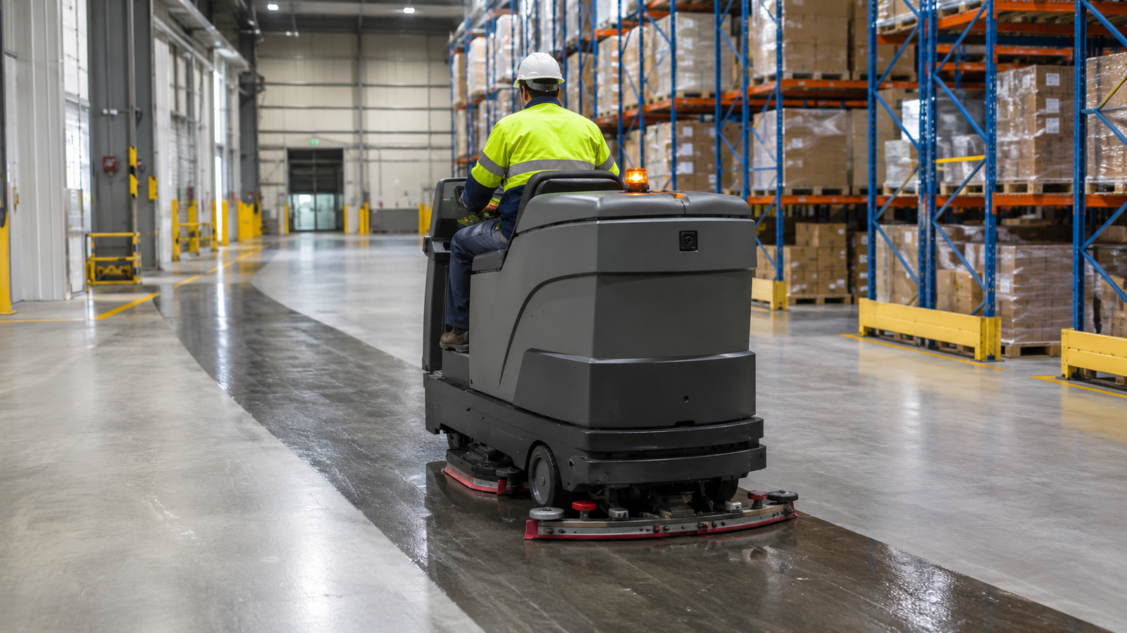 Specialist in hi-vis and hard hat operating a large ride-on scrubber through a warehouse aisle — leaving a clean, wet-mopped surface behind as it progresses through racking bays