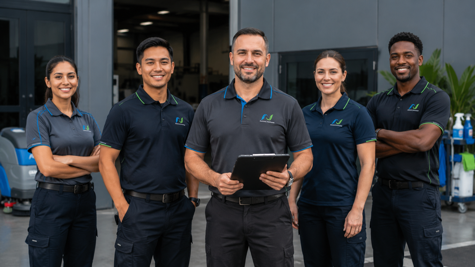 The N Floorcare specialist team in branded uniforms, ready for deployment at a commercial facility